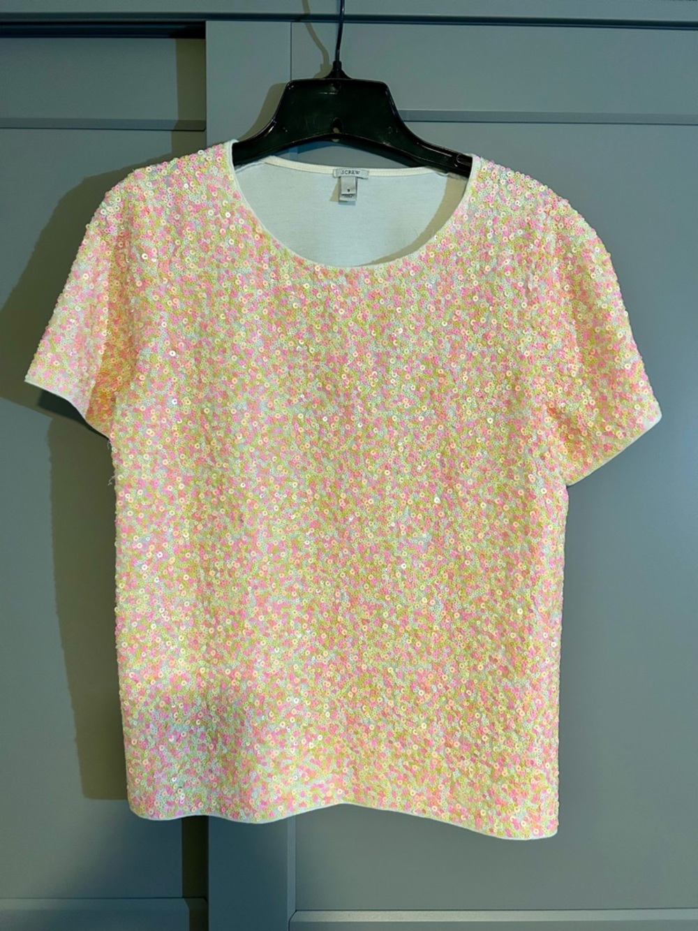 J. Crew Pink & Yellow Sequin Short Sleeve Top